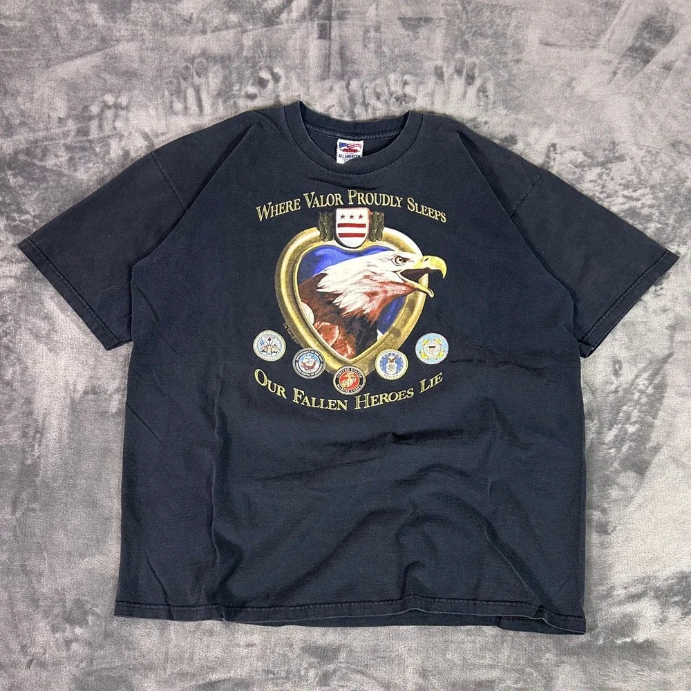 Vintage Jensen Apparel‎ All American Patriotic Eagle Fallen Heroes T Shirt 2XL